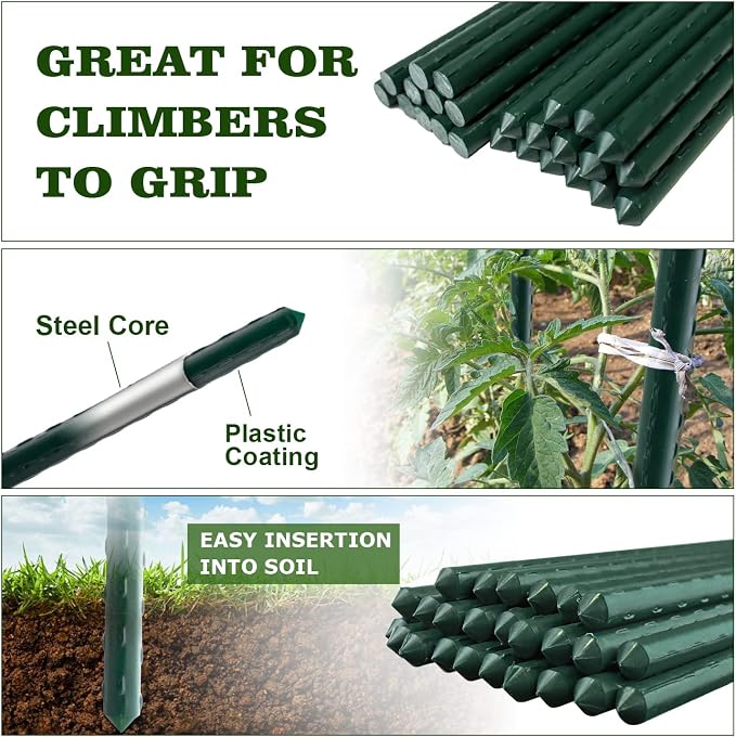 Jollybower 25pcs Steel Plant Stakes 3 Feet,Sturdy Plant Sticks, Plastic Coated Metal Garden Stakes Supports Climbing for Tomato, Bean, Flowers, Tree Potted
