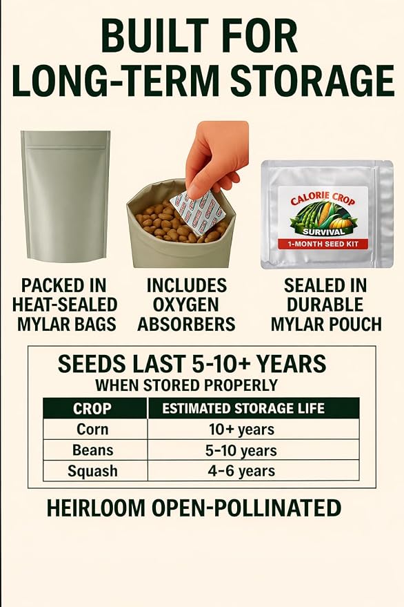 Calorie Crop Survival 1-Month Seed Kit – Grow 30 Days’ Worth of Calories – Heirloom Corn, Beans, and Squash Seeds – Open-Pollinated, Long-Term Storage
