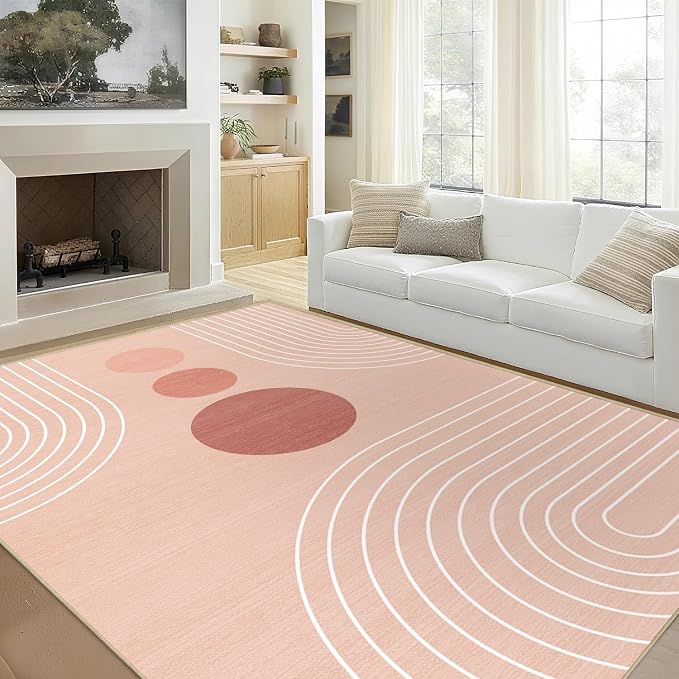Area Rug 6x9 Boho Modern Minimalist Geometric Abstract Rug Pink Mid Century Modern Rug for Living Room Machine Washable Non-Slip Printed Low Pile Indoor Carpet for Bedroom Dining Room Office Pink