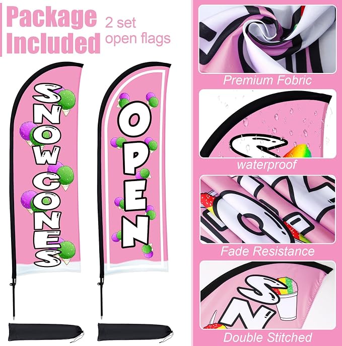 Buryeah 2 Sets Snow Cones Open Feather Flag for Business Advertising 8 ft Feather Flag Sign with Flagpole Ground Stake Portable Bag Snow Cones Banner with Rope for Outside Garden Park Party (Pink)