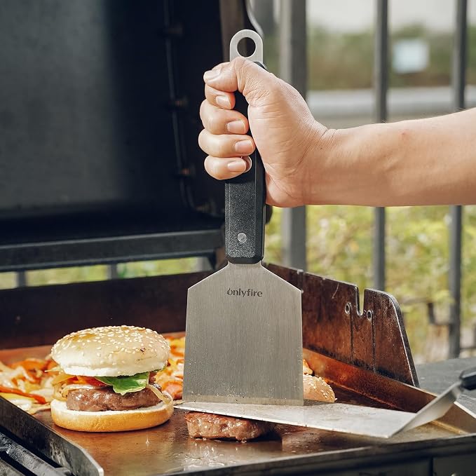 onlyfire BBQ Spatula Set for Camping/Backyard BBQ - Heavy Duty Stainless Steel Griddle Accessories Kit with Enlarged Spatula, Scraper and Long Spatula - Set of 3