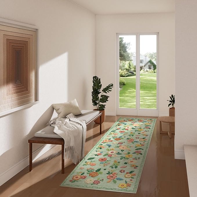 Machine Washable Rug Runners for Hallway: 2'6"x8' Kitchen Runner Rug with Rubber Backing Non Slip Low Pile Soft Faux Wool Non Shedding Lightweight Floral Floor Carpet Rugs for Entryway Bedroom Laundry