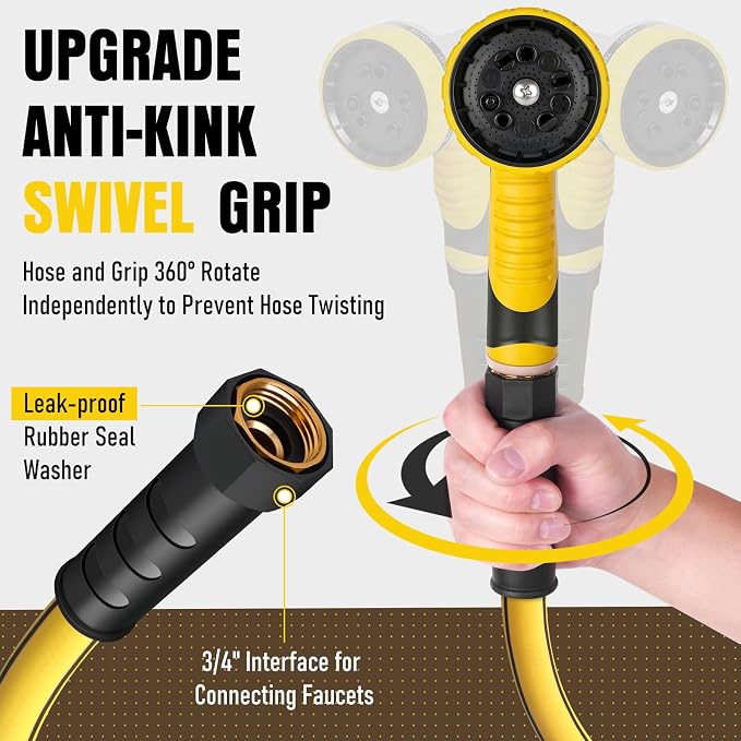 Garden Hose 50 ft x 5/8" with Nozzle, Water Hose Heavy Duty Flexible, Lightweight Kink-less Hybrid Hose with Swivel Handle, Male to Female Fittings