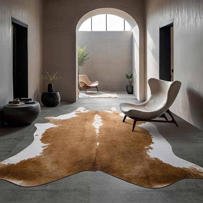 BENRON Faux Cowhide Rug, Cow Print Rug for Living Room Bedroom 4.6x5.2ft | Western cow hide rug for Cowboy Cowgirl Home Decor, Washable Rugs with Irregular Animal Skins and Hides Non Slip, Khaki Brown