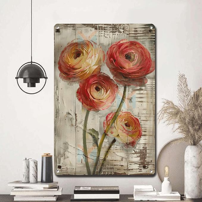 Metal Sign Tin Sign Vintage Wall Art Vintage Ruffled Ranunculus Tin Sign for Shabby Chic Interiors Rustic Elegance and Corrosion Resis Funny Outdoor Decor for Room 12×16 Inches