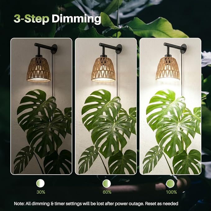 Boho Wall Mounted Grow Light for Indoor Plants, 18W Full Spectrum Hanging Plant Light with 5000K & 3 Dimmable Levels, Decorative Grow Light for Tall Plants & Flowers, 9.8ft Cord