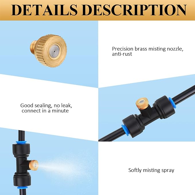 Hotop 15 Pieces Brass Misting Nozzles 1/4 Inch, Mister Replacement Nozzles Tees with Plugs for Outdoor Cooling System, Misting System Accessories for Patio, Greenhouse, Garden