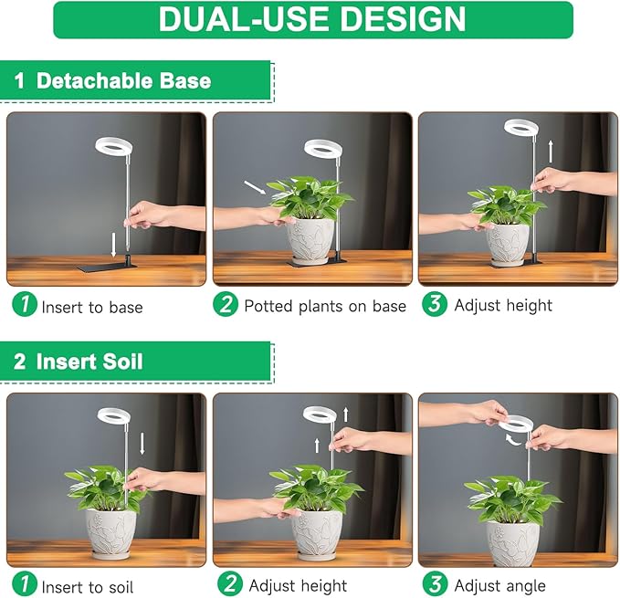 Aokrean Halo Grow Lights with Base for Indoor Plants Growing, Full Spectrum | 48 LEDs White 1-Pack, 2 Installation Ways, 6.5-26 in Height Adjustable, 3 Lighting Modes, Auto Timer 3/9/12Hrs, 10 Brightness