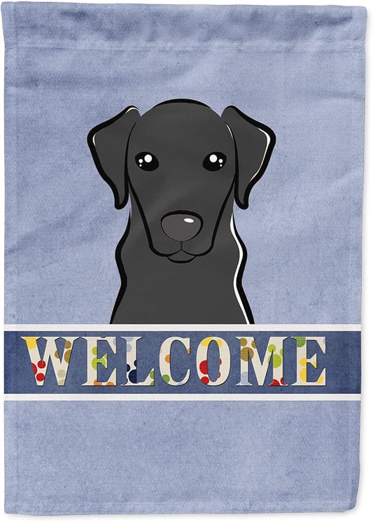 Caroline's Treasures BB1421CHF Black Labrador Welcome House Flag, Blue Large Porch Sleeve Pole Decorative Outside Yard Banner Artwork Wall Hanging, Polyester, House Size, Multicolor