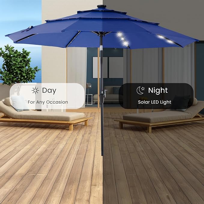 DUMOS Outdoor Solar Patio Umbrella 3 Tiers with 32 LED Lights, Beach Market Table Umbrella with Crank and 8 Sturdy Ribs for Pool, Terrace, Restaurant