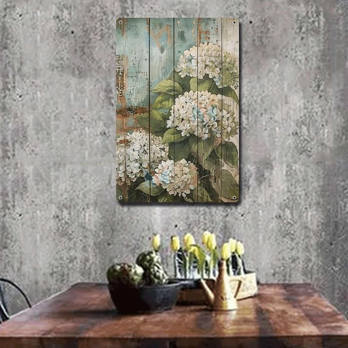 Metal Sign Tin Sign Vintage Shabby Chic Hydrangeas Tin Sign for Vintage Rustic Home Decor and Distressed Wood Panels with Weather Resistant Finish Sign for Garden for Room 8×12 Inches