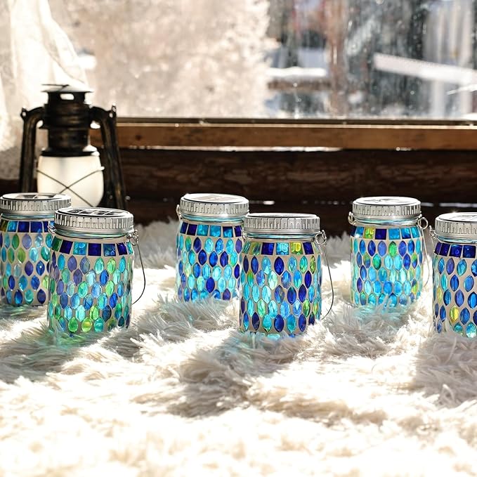 Cooo 3 Pack Mosaic Lanterns Outdoor Waterproof with 215% Larger Solar Panel, Never Rust Lids, True Capacity Battery- Solar Mason Mosaics Jar Lantern for Patio Garden Yard Balcony Christmas Decorations
