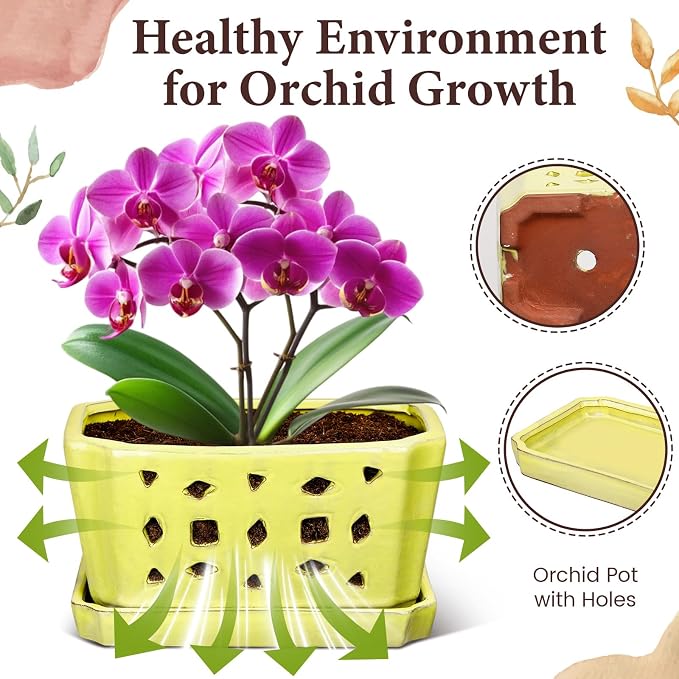 Teenyyou 1 Set Orchid Pot with Holes 9.5 Inch Ceramic Orchid Pot with Saucers for Repotting Amaryllis Flower Planter Include Gardening Shovel Set and Gloves for Home Decor(Yellow)
