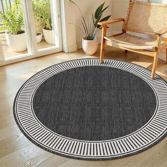 GarveeHome Small Round Rug 4ft Washable Modern Solid Bedroom Rugs | Non Slip Low Pile Black Circle Rugs Dining Room Round Throw Carpet for Living Room Nursery, Black