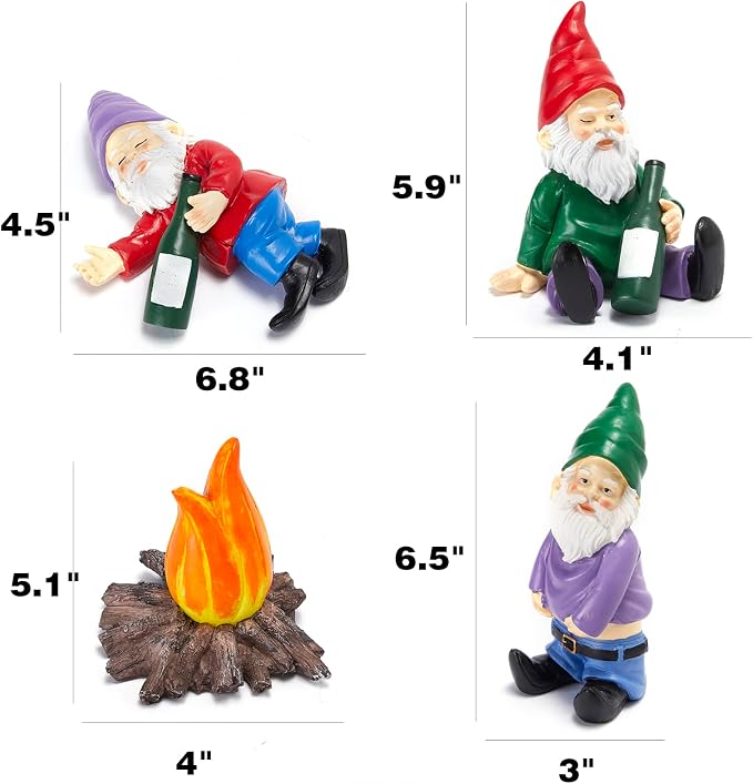 Extra Large Drunk Garden Gnomes Figurines | Set of 4 | Funny Dwarf Knomes Around Fire Pit, Adorable Naughty Drunken nombs Indoor & Outdoor Decor - Patio, Porch, Yard Lawn Art (Naughty Firepit Set)