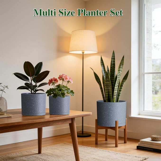 Plant Pots, 10/9/8 Inch 3 Pack Cylindrical Flower Pots with Drainage Holes and Saucers, Plastic Planters for Outdoor Indoor Plants,Grey with White Speckles