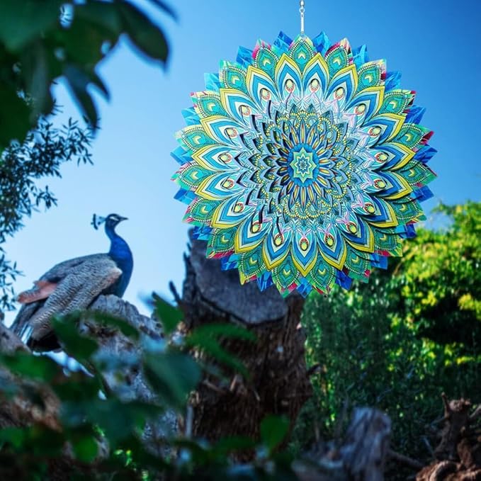 Peacock Wind Spinners Outdoor, 12 Inch Stainless Steel Spinfinity Wind Spinner, Wind Chimes Garden Decor for Outside, 3D Kinetic Hanging Sculpture Suncatcher, Metal Yard Art Ornament, Gifts