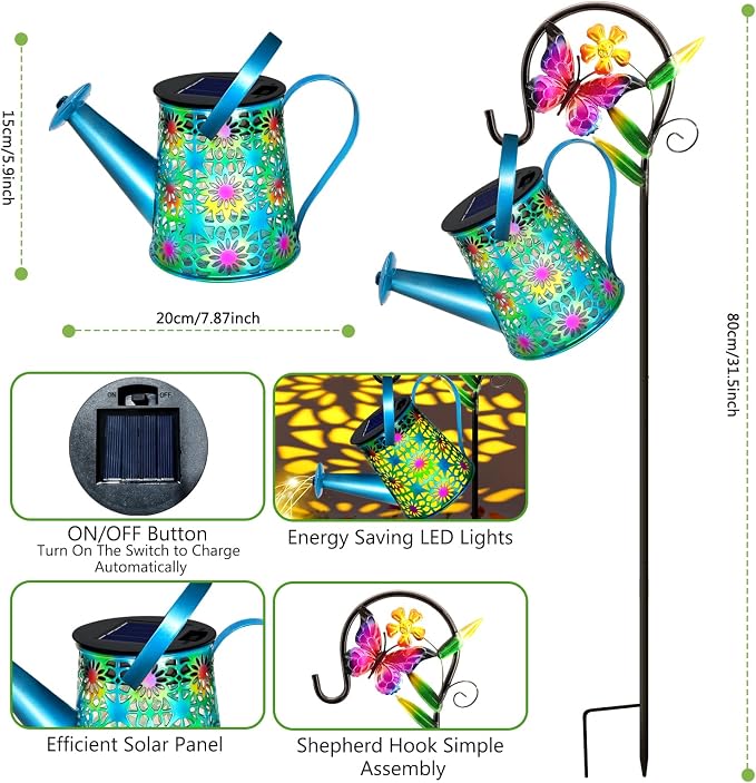 Solar Lights Outdoor Decorative, Blue Metal Solar Watering Can Lights Waterproof, Gifts for Women Mom Birthday, Hanging Lantern Decoration Garden Decor Yard Light for Outside Patio Lawn Porch