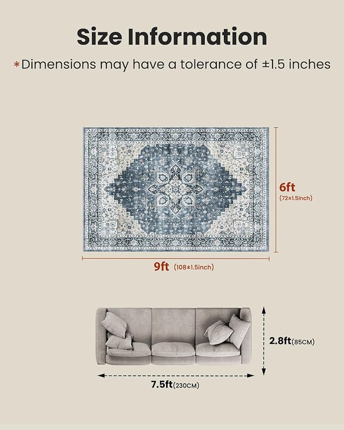 AMADA HOMEFURNISHING 6x9 Area Rugs, Blue Low-Profile Washable Rug with Non-Slip Backing & Durable Edge Binding, Vintage Rugs for Living Room, Bedroom, Dinning Room