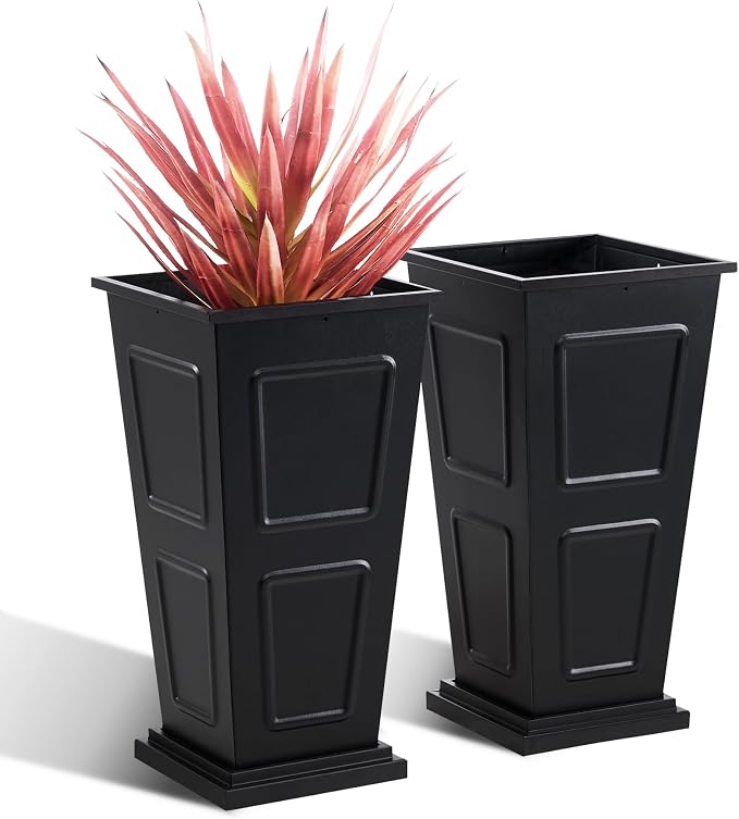 23" Tall Metallic Planter for Outdoor Plants Set of 2, Tapered Steel Flower Pot with Removable Middle Partition Drainage Holes, Large Metal Planters for Front Porch, Garden, Patio, Balcony, Black