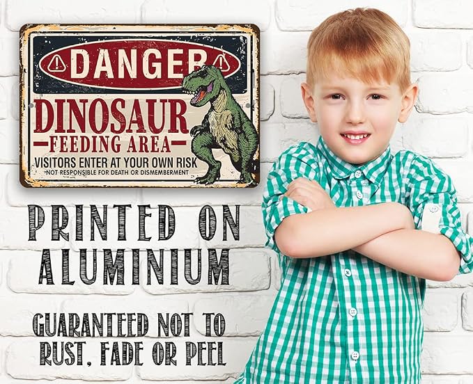 Danger, Dinosaur Feeding Area - Great Boy's Room Decor, Vintage Warning Signs for Kids Bedroom and Playroom, Great Baby Shower and Birthday Gifts, 12x18 Indoor/Outdoor Durable Metal Sign