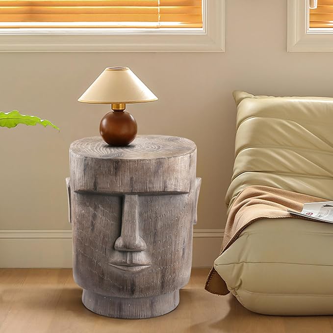 Outdoor Side Table Easter Island AHU Akivi Moai Statue Pedestal End Table Stool for Home Patio Deck Sunroom Garden Balcony Yard Lawn Grey