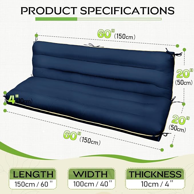 60×40 INCH Outdoor Swing Cushion with Backrest, Tie Straps & Memory Foam - Replacement for Porch Bench 2/3 Seater, Oxford Fabric (Blue, 60 INCH × 40 INCH)