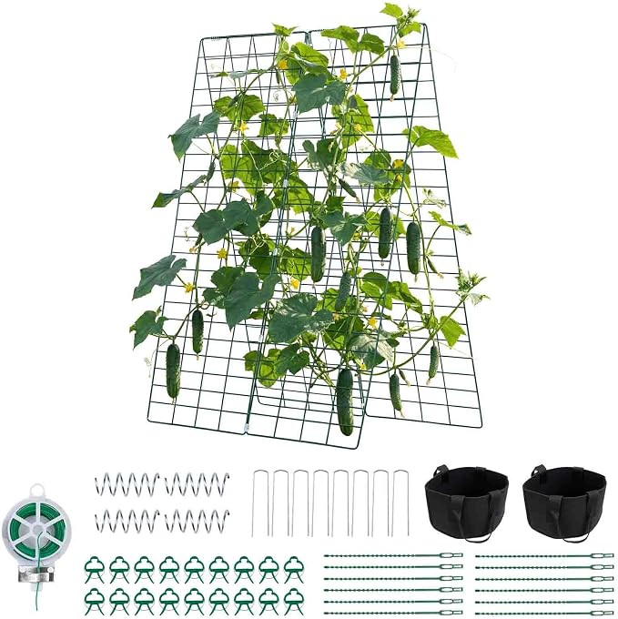 VEVOR Cucumber Trellis, 46" x 34" Foldable A-Frame Garden Trellises for Raised Bed, 4 Panels, Metal Rustproof Outdoor Climbing Plant Support with 2 Plant Bags for Vine, Peas, Beans, Tomato, Flowers