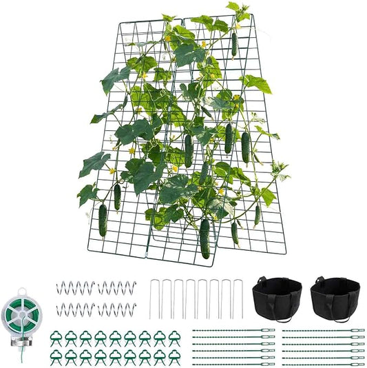 VEVOR Cucumber Trellis, 46" x 34" Foldable A-Frame Garden Trellises for Raised Bed, 4 Panels, Metal Rustproof Outdoor Climbing Plant Support with 2 Plant Bags for Vine, Peas, Beans, Tomato, Flowers