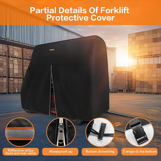 Forklift Cover 600D Fits All Forklifts Up to 8000Lbs All Weather - Waterproof, Sun Rain Snow UV Protection, Full Forklift Protection Cover with Zipper Door, Reflective Strips and Organizer Bag