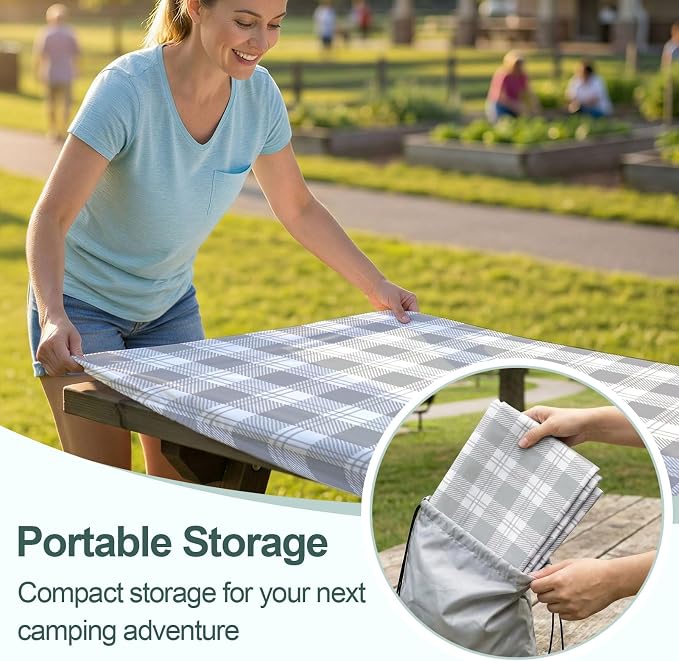 Picnic Table Cover with Bench Covers Camping Essentials Waterproof Windproof Camping Tablecloth with Drawstring Bag, Fitted Rectangle Tables and Seats, 72in, Grey Checkered