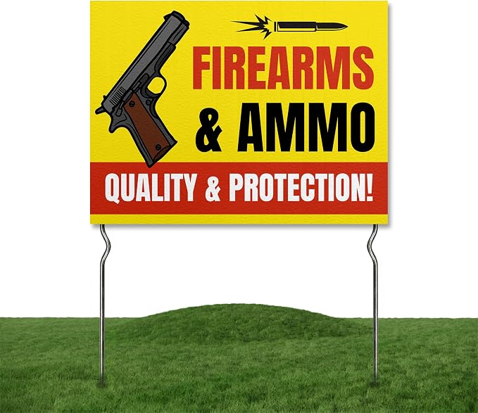 Firearms & Ammo - Quality & Protection! Yard Sign by DC | 24"x18" Double Sided Conv. Store Garden Sign with 13” Metal Stakes | Outdoor Signs Waterproof for Lawn, Patio, Sidewalk & House | Set of 3