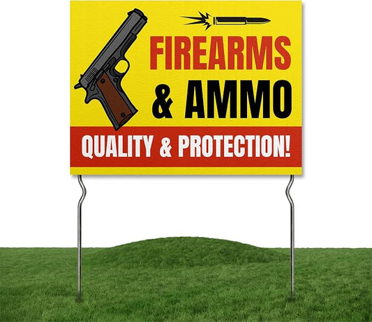 Firearms & Ammo - Quality & Protection! Yard Sign by DC | 24"x18" Double Sided Conv. Store Garden Sign with 13” Metal Stakes | Outdoor Signs Waterproof for Lawn, Patio, Sidewalk & House | Set of 4