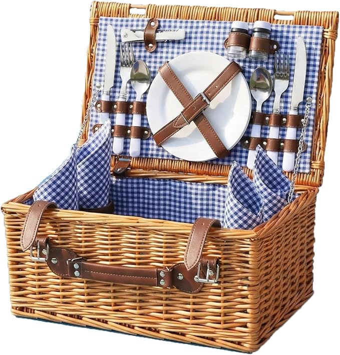 Multifunctional Wicker Picnic Basket Set for 4 Blanket Family Folding Wine Table,Insulated Portable Extra Big Storage Capacity Woven Rattan Canasta De Full Tablewares Camping Outdoor Flowers Blue