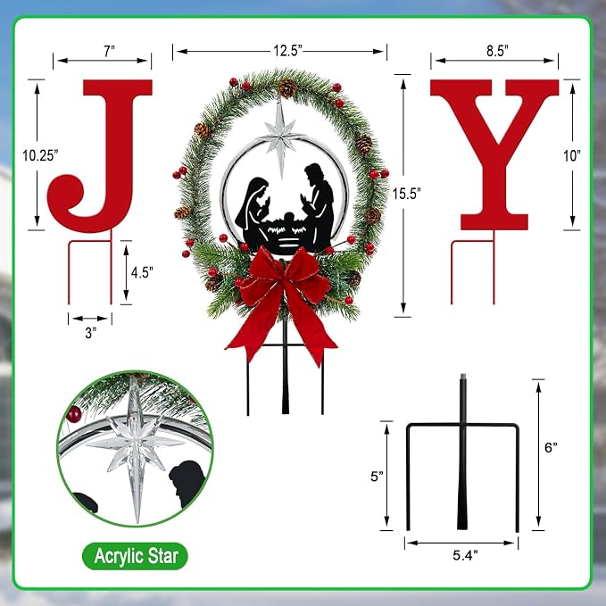 3Pack Solar Lights Christmas Joy Sign,Metal Nativity Scene Outdoor,Silhouette Nativity Set Decoration Outside for Yard Stake