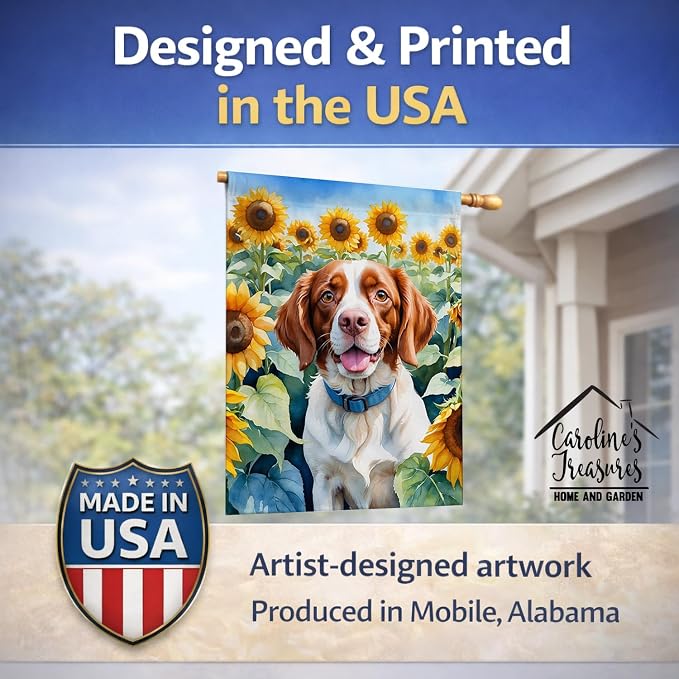 Caroline's Treasures DAC6040CHF Brittany Spaniel in Sunflowers House Flag Large Porch Sleeve Pole Decorative Outside Yard Banner Artwork Wall Hanging, Polyester, House Size, Multicolor