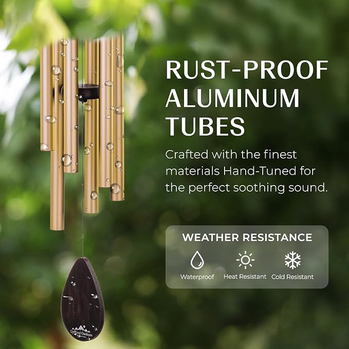 Gold Wind Chimes for Outside Deep Tone, 28 Inch Havasu Hand Tuned E Major Wind Chime, Adjustable Clapper, Aluminum Beech Wood Garden Patio Porch Decor, Memorial Housewarming Gift