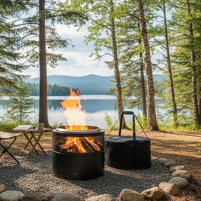 Outdoor Smokeless Fire Pit, 20'' Portable FirePits for Camping, Smokeless FirePit for Outside with Carry Bag, Wood Burning Stove, Stainless Steel，Black