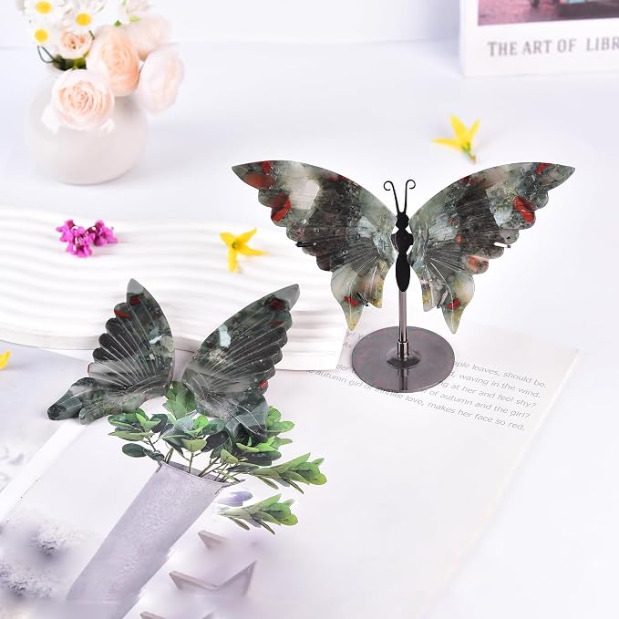 JIC Gem Natural African Bloodstone Raw Crystals Butterfly Figurine Decorative Rocks Stones Healing Crystal Carved Angel Wings with Display Decor Reiki Gifts (1pair, 10cm)