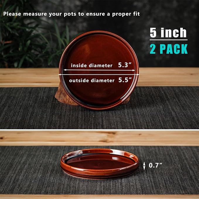 Ceramic Plant Saucer 5 Inch, 2 Pack Round Plant Saucers for Indoors/Outdoors, Flower Pot Saucers for Holding Water Drips, Ceramic Plant Water Trays for pots Planter (Reactive Glaze Brown)