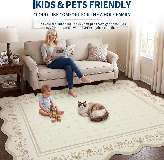Garvee Large Area Rug Washable 10x13 Scalloped Floral Living Room Rug Ivory | Soft Non Slip Low Pile Indoor Carpet Stain Resistant Modern Bordered Accent Carpet for Bedroom Nursery Kids Room Office