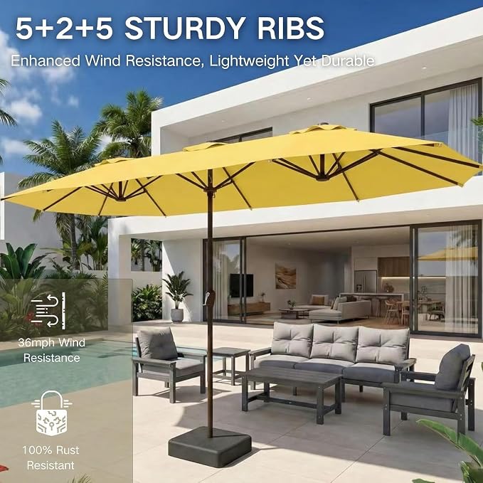 Kingdura 13ft Large Patio Umbrella with Base Included, Double-Sided Rectangle Outdoor Table Umbrella with 12 Reinforced Ribs, Crank Lift for Market Pool Deck Backyard, Yellow