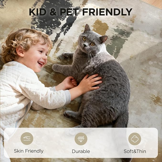 Joydeco 5x7 Area Rugs for Living Room, Non-Slip Modern Abstract Soft Washable Rug, Low Pile Carpet for Bedroom, Dining Room, Home Office, Pet & Child Friendly, White &Beige & Dark Gray