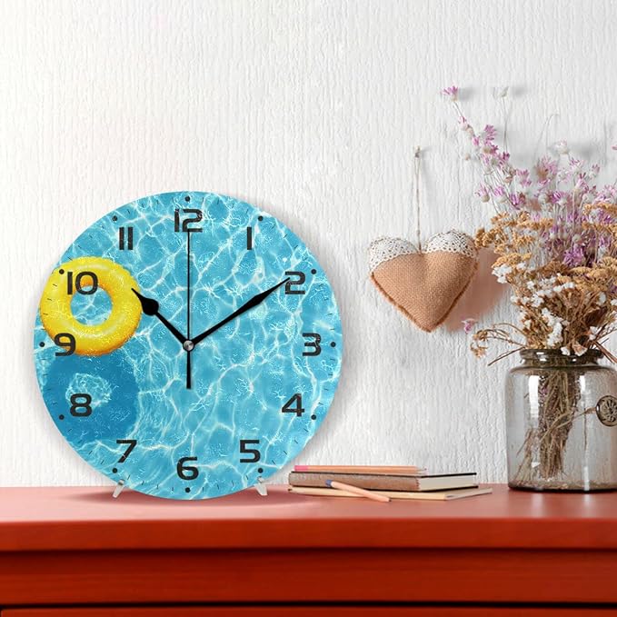 Blue Swimming Pool Wall Clock, Silent Non Ticking 10 Inch Battery Operated Wall Clocks, Easy to Read Clock for Home Kitchen Living Room Bathroom Office Decor