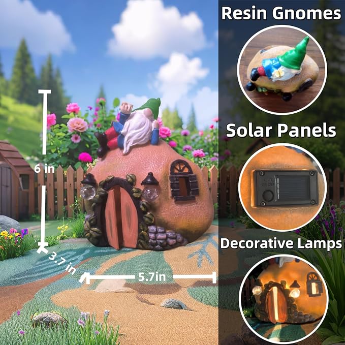 Garden Gnomes Fairy Houses Decorations Solar Statues, Outdoor LED Lights Waterproof Ornaments for Backyard Patio Lawn, Christmas Mother's Day Housewarming Gifts for Women