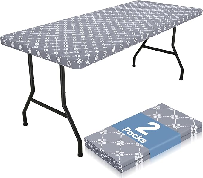 misaya 2 Pack Rectangle Vinyl Table Cloth, Elastic Fitted Tablecloth with Flannel Backing, Waterproof Plastic Table Cover Fits 8 Foot Folding Tables for Picnic, Camping and Outdoor (Grey, 30" x 96")