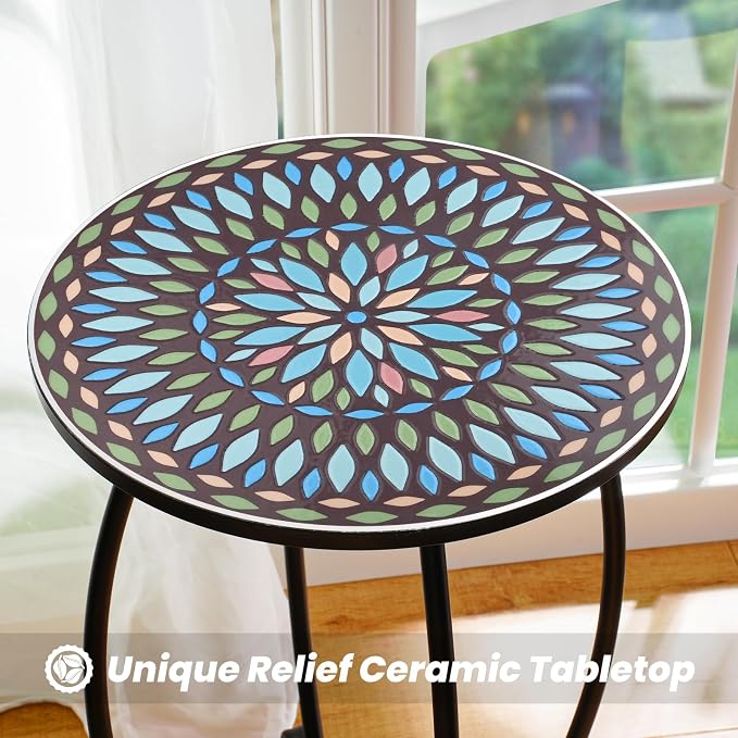 14" Round End Table, Unique Relief Ceramic Tile Tabletop with Metal Frame, Metal Scrollwork Accent Side Table