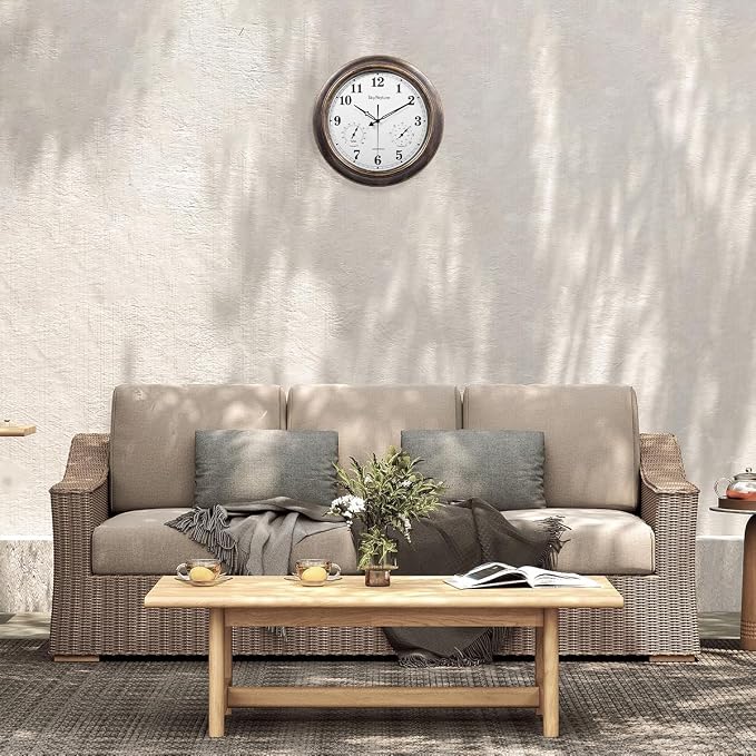 Outdoor Clocks Waterproof, 18 in Large Outdoor Clock for Patio w/Thermometer Hygrometer, Silent Battery Operated Decorative Vintage Outdise / Indoor Wall Clock for Living Room/Bathroom/Pool, Bronze