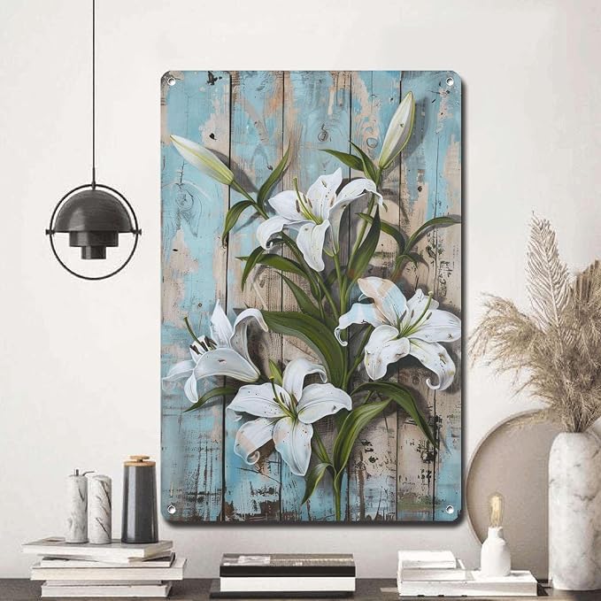 Metal Sign Tin Sign Vintage Wall Art Antique Master's Lilies Tin Sign for Rustic Elegance Shabby Chic Style and Corrosion Resistant Al Home Decor for Room 12×16 Inches