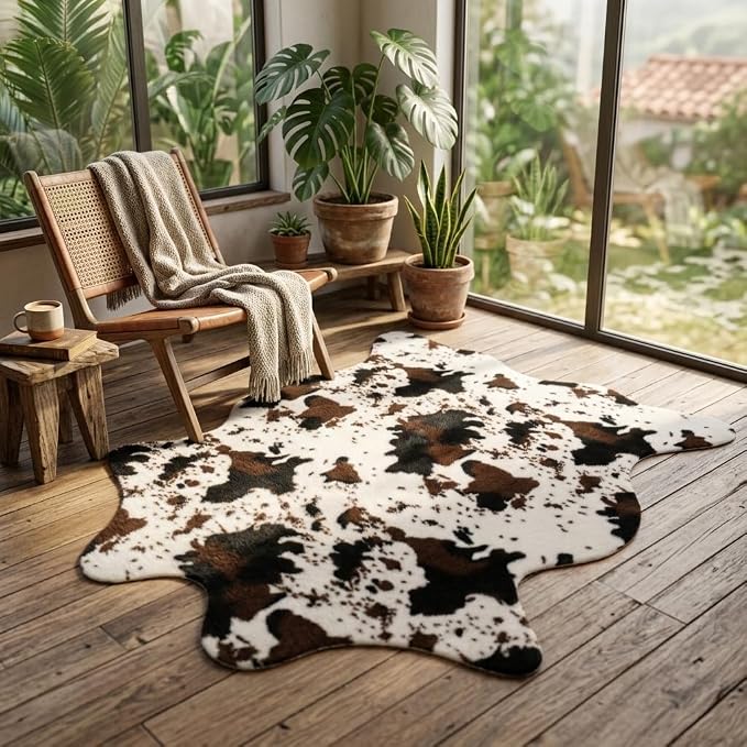 MustMat Faux Cowhide Rug, Western Cow Print Area Rug 4'7"x 5'3" | Ideal for Living Room, Bedroom, Dining Room & Entryways. Fits Vintage & Rustic Decor, Great for Holiday & Birthday Parties